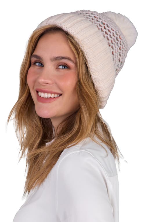 Saachi Faux Fur Pom Rainbow Patterned Knit Beanie In Ivory
