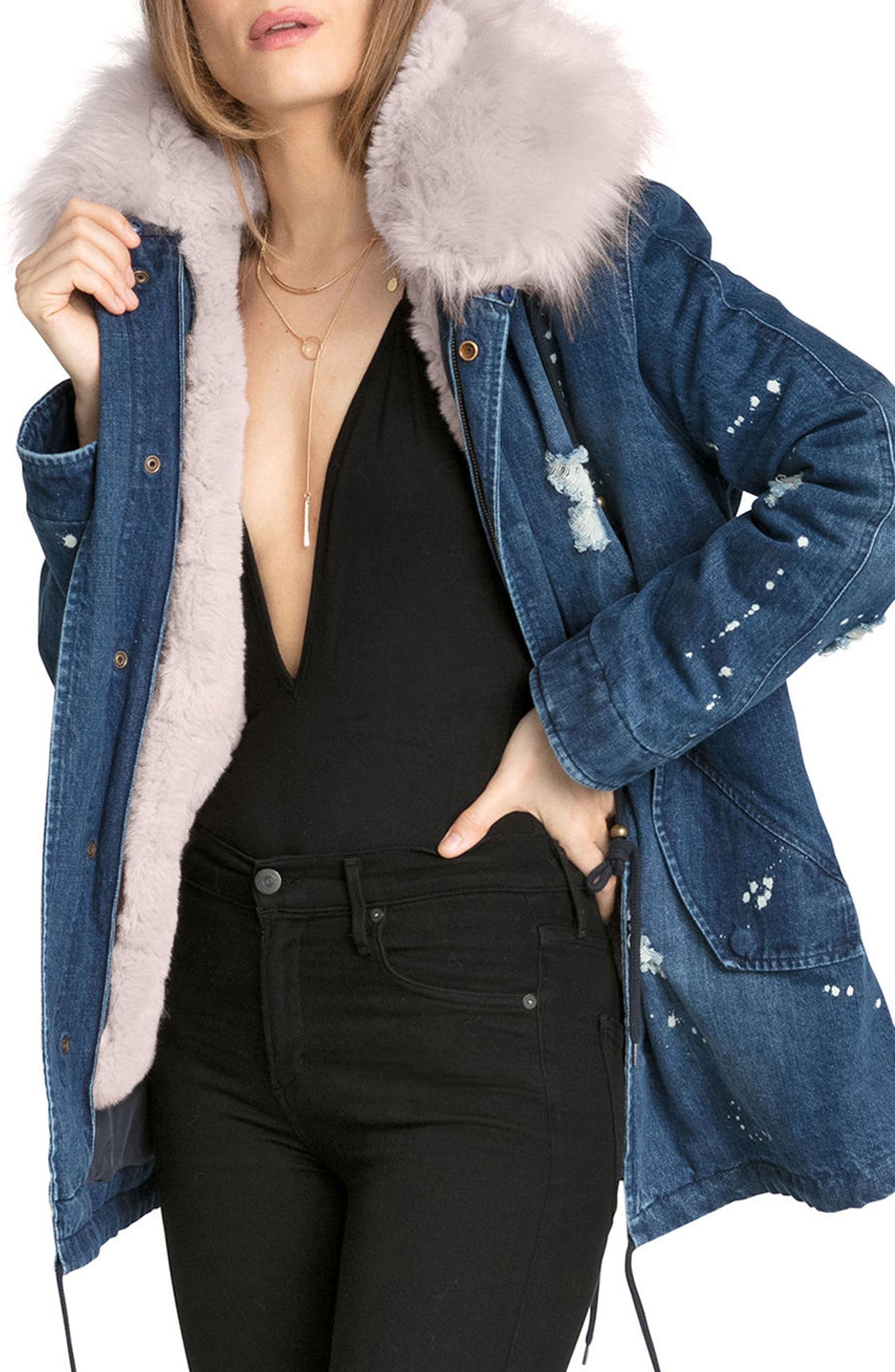 avec les filles faux fur trim denim parka