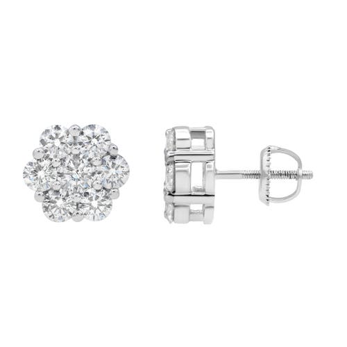 Luvmyjewelry Blossom 14k White Gold Flower Cluster Diamond Unisex Earrings In 14k White Gold