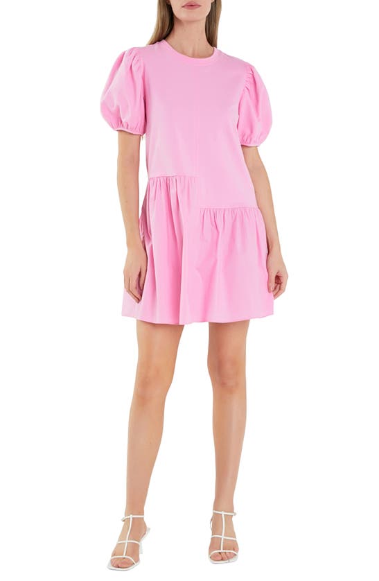 Shop English Factory Puff Shoulder Mixed Media Minidress In Bubblegum Pink