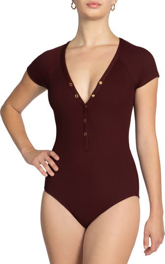 Robin Piccone Amy Plunge Neck Cap Sleeve One-Piece Swimsuit