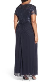 Alex Evenings Sequin Lace & Chiffon Ruched Long Dress (Plus Size