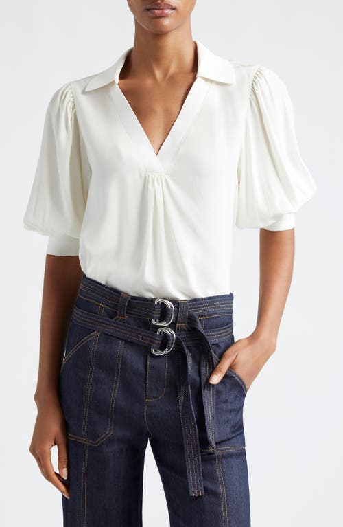 Cinq À Sept Weldon Collared V-neck Short-sleeve Silk Combo Top In Ivory