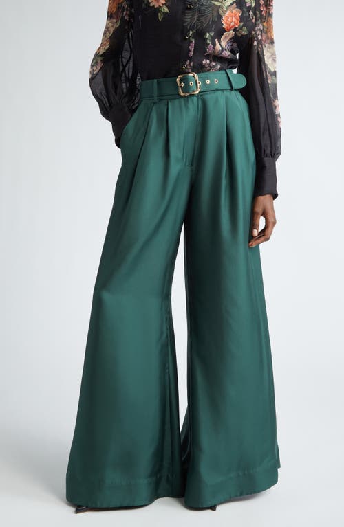 Shop Zimmermann Pavilion Belted Silk Wide Leg Pants In Pine