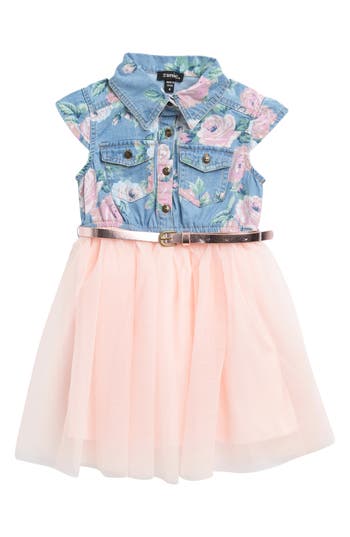 Shop Zunie Kids' Denim & Tulle Fit & Flare Dress In Denim/blush