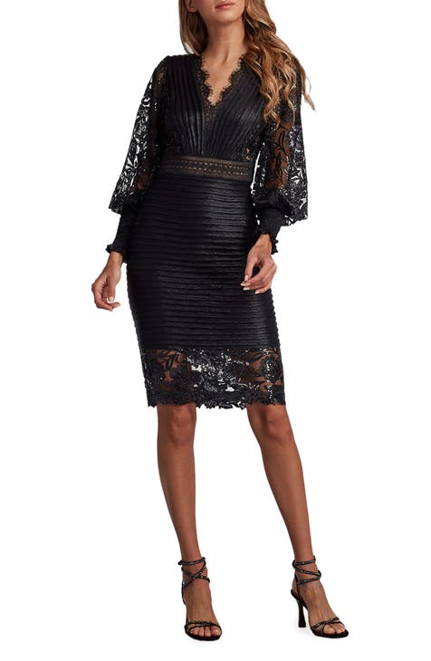 Pleated Sequin Lace Long Sleeve Chiffon Dress