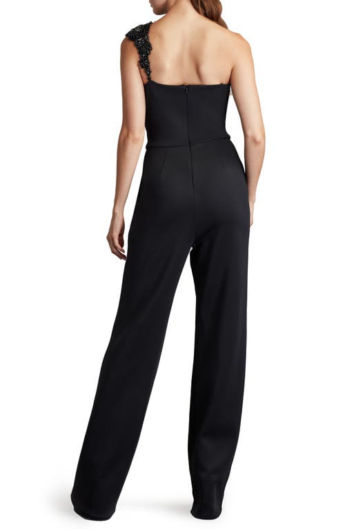 Sho By Tadashi Shoji Beaded Appliqué One-shoulder Jumpsuit In Black