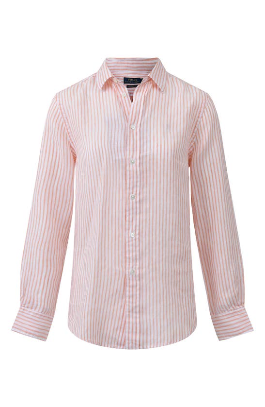 Shop Polo Ralph Lauren Stripe Linen Button-up Shirt In Sunfade Orange/white Stripe