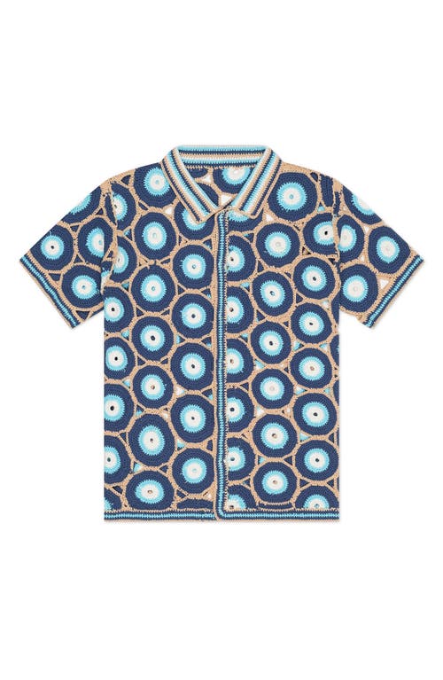 Mavrans Evil Eye Crocheted Short Sleeve Organic Cotton Button-up Shirt In Blue