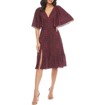 Dress The Population Francesca Leopard Flutter Cape Sleeve Dress, Burgundy