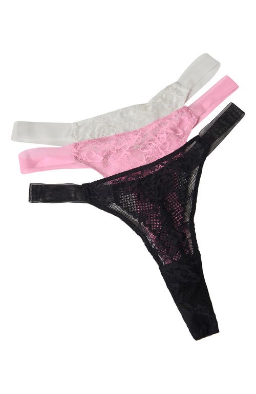 Shop Free People Reya Assorted 3-pack Lace & Mesh Thongs In White/black/pink