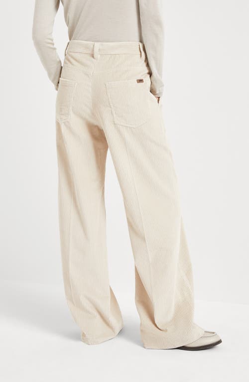 Shop Brunello Cucinelli Cotton Corduroy Loose Trousers With Monili In Beige