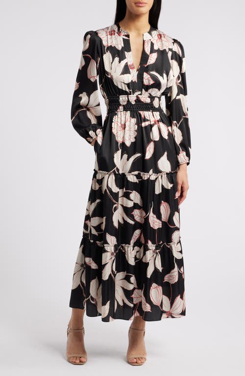 Julia Jordan Floral Long Sleeve Split Neck Dress in Black/Ivory 