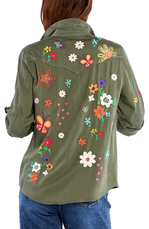 Billy T Sketchbook Embroidered Denim Shirt In Soft Olive