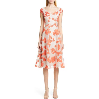 Lela Rose Floral Fil Coupe Stripe Silk Blend Midi Dress, Red