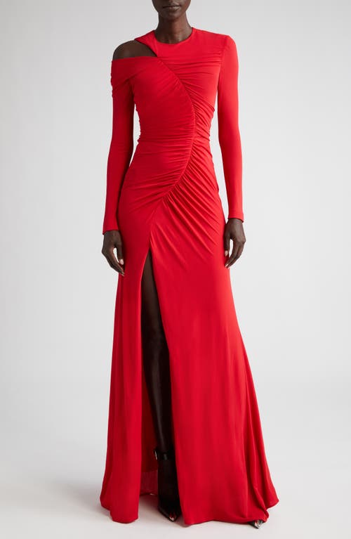 Alexander McQueen Ruched Asymmetric Long Sleeve Jersey Gown in 6659 Welsh Red