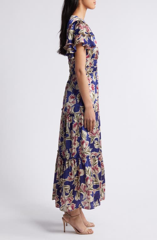 Shop Julia Jordan Orchid Print Flutter Sleeve Satin Dress In Blue Multi