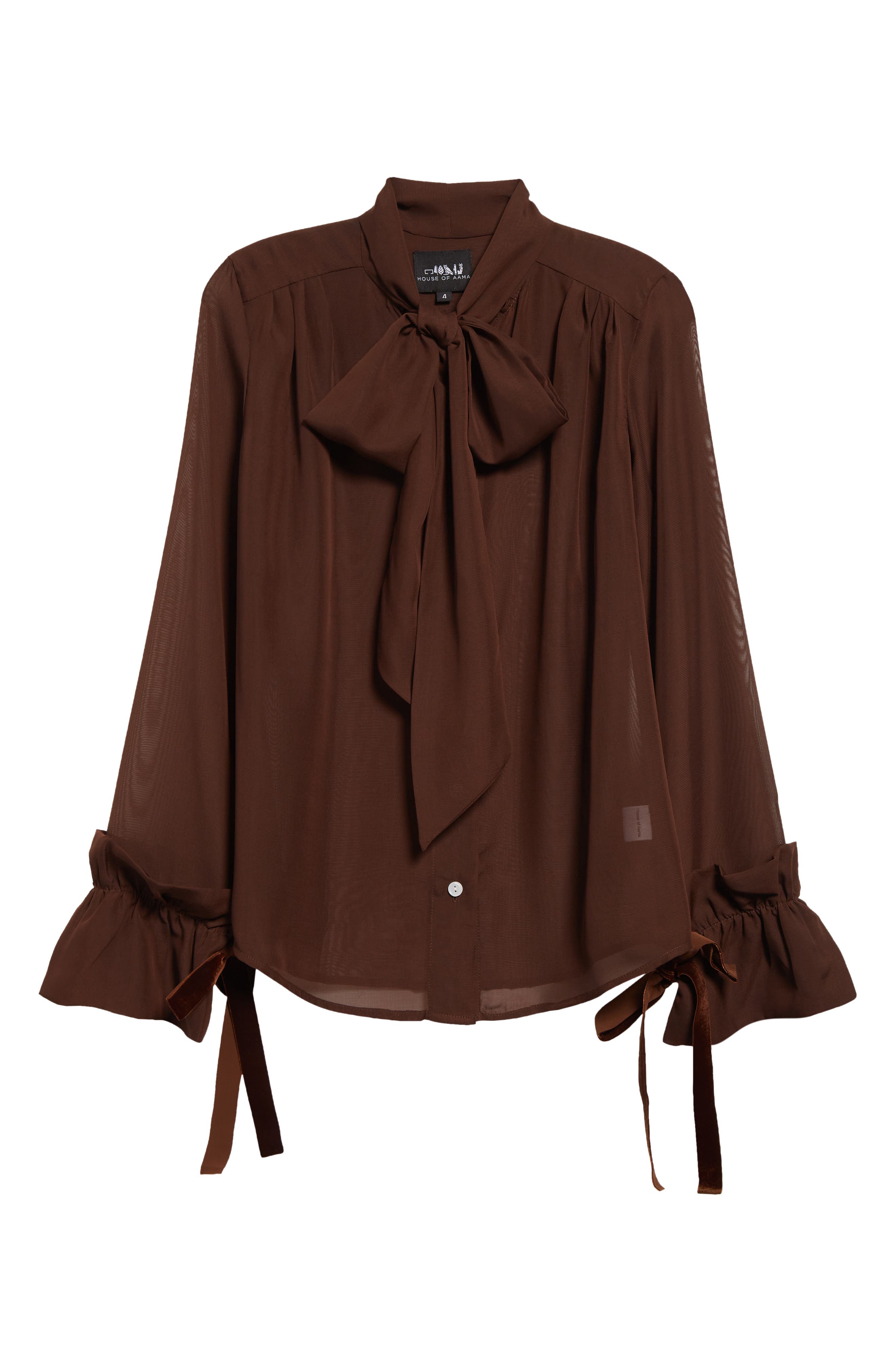 HOUSE OF AAMA Tie Neck Chiffon Button-Up Shirt in Brown 