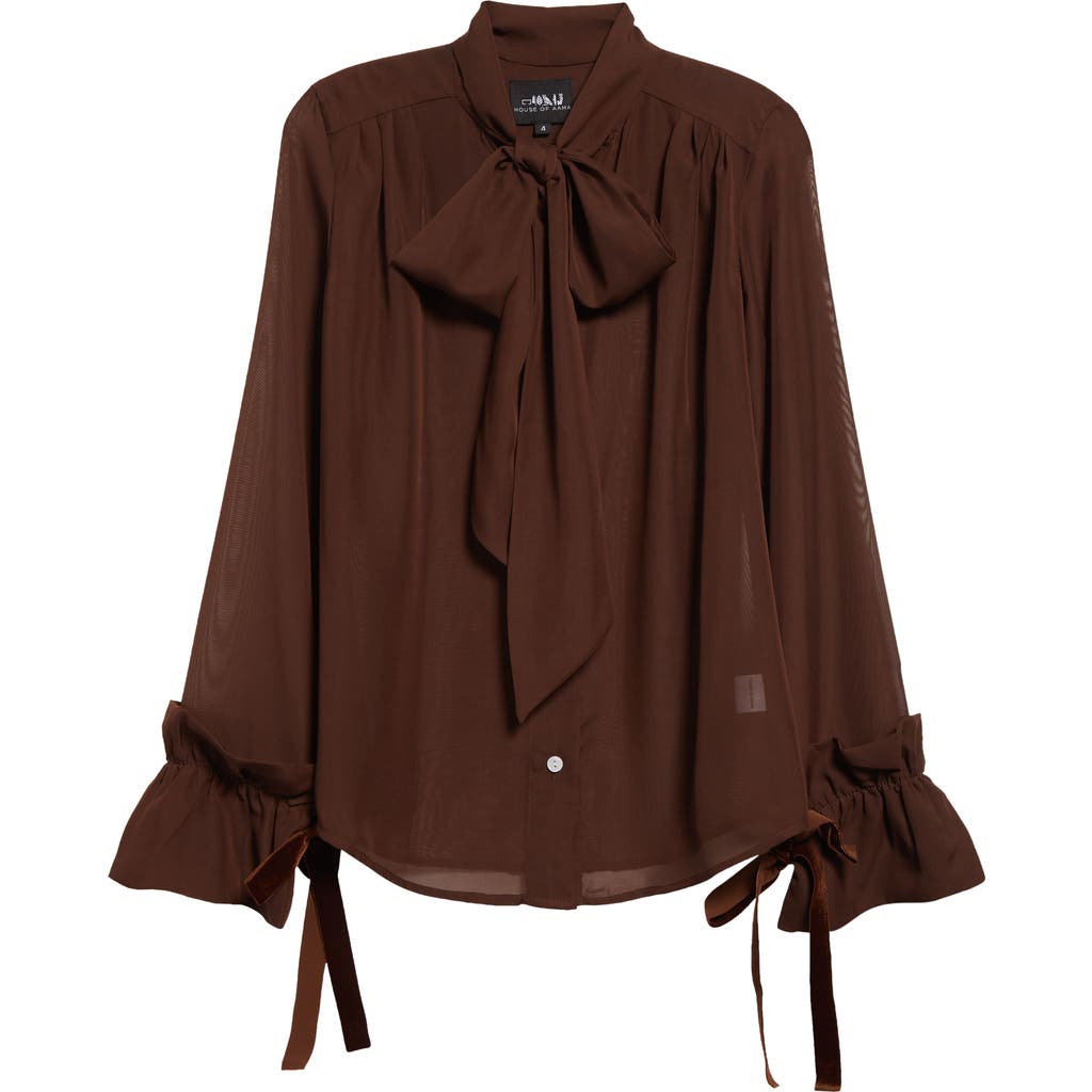 HOUSE OF AAMA Tie Neck Chiffon Button-Up Shirt in Brown