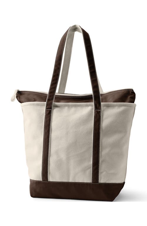 Lands' End Zip Top Long Handle Canvas Tote Bag In Natural/brown Root