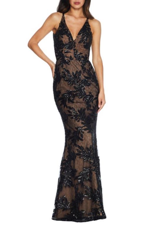 Dress The Population Sharon Embellished Lace Evening Gown In Black/nude