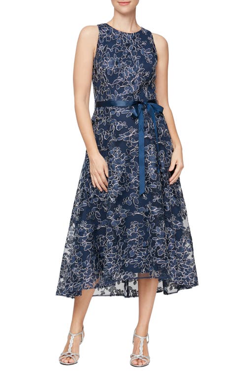 Alex Evenings Floral Embroidery Sleeveless Cocktail Midi Dress Navy at Nordstrom,