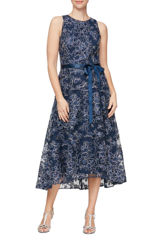 Shop Alex Evenings Floral Embroidery Sleeveless Cocktail Midi Dress In Navy