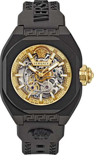 Versace V-Legend Skeleton Recycled Polyurethane Strap Watch, 42mm