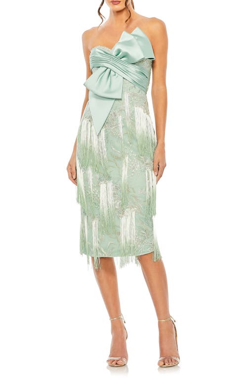 Mac Duggal Bow Front Strapless Fringe Midi Dress Sage at Nordstrom,