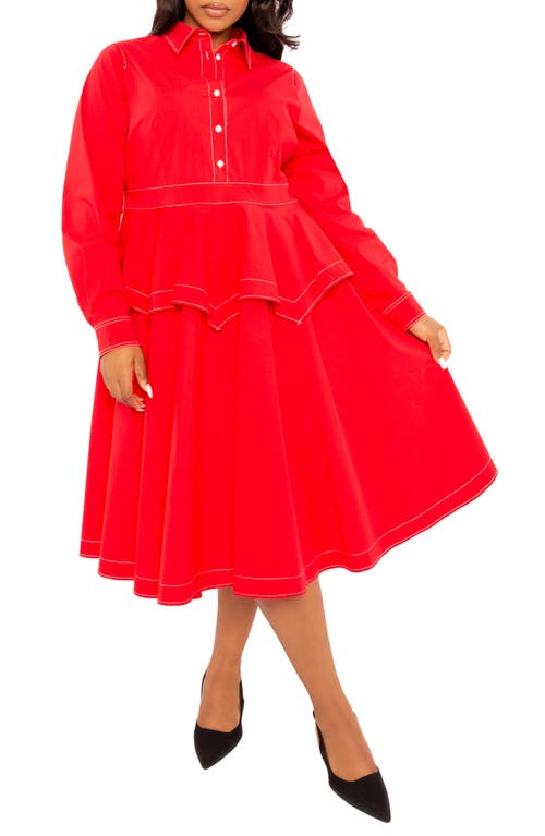 Shop Buxom Couture Topstitched Long Sleeve Peplum Shirtdress In Red