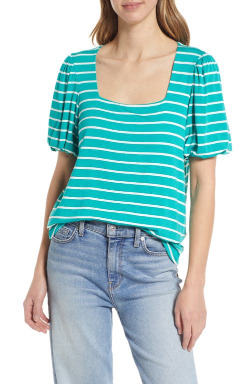 Stripe Puff Sleeve Square Neck T-Shirt in Jade/Ivory Stripe