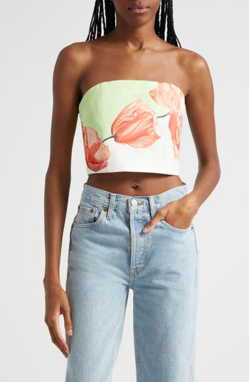 Alice And Olivia Womens Smocked Back Flora Printed Cropped In Dream Life Sharp Green