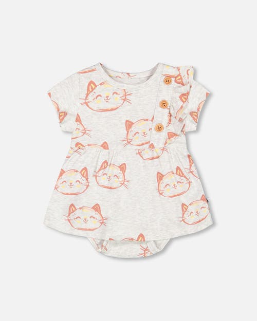 Deux Par Deux Baby Girl's Organic Cotton Printed Romper Heather Beige With Printed Cat in Heather Beige Printed Cat at Nordstrom