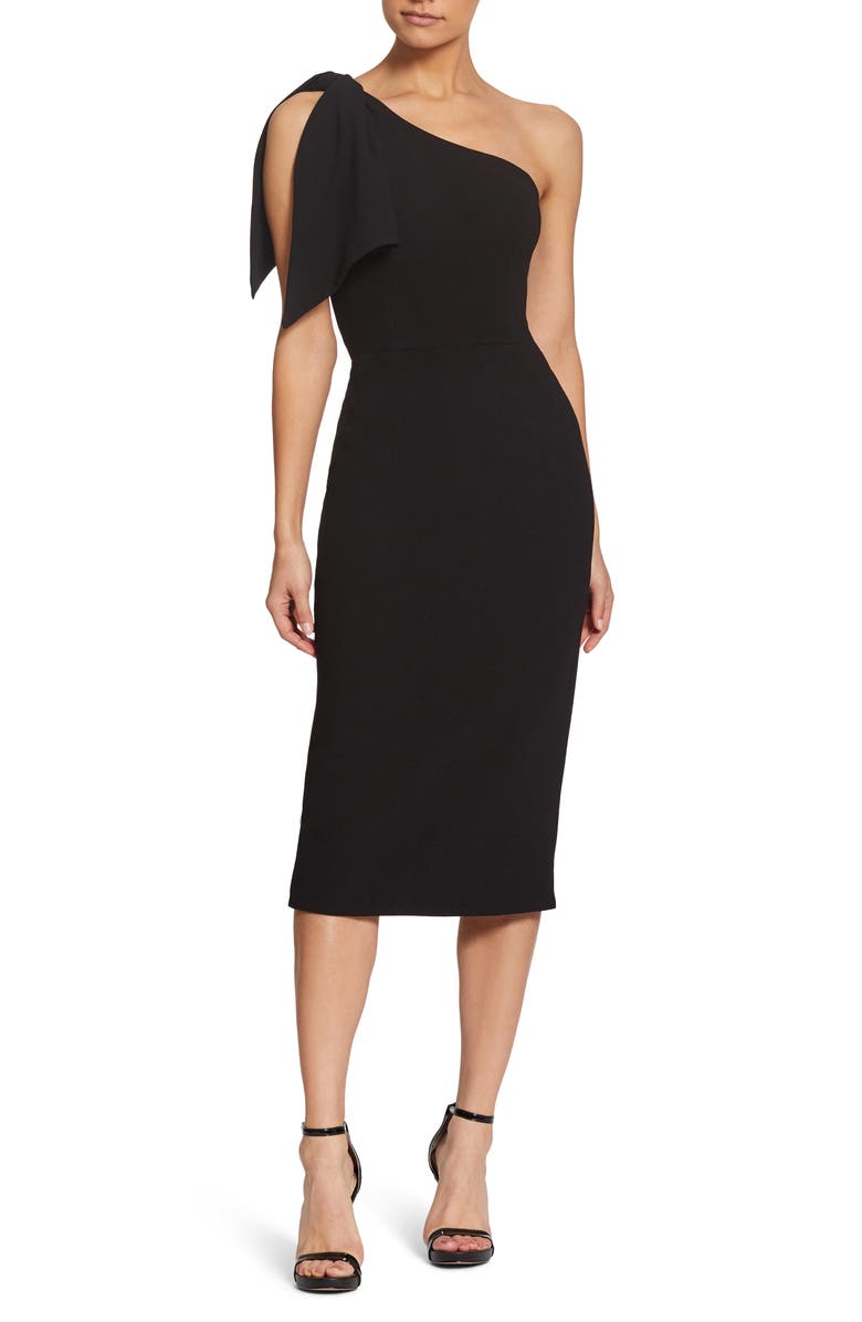 DRESS THE POPULATION Tiffany One-Shoulder Midi Dress, Main, color, BLACK