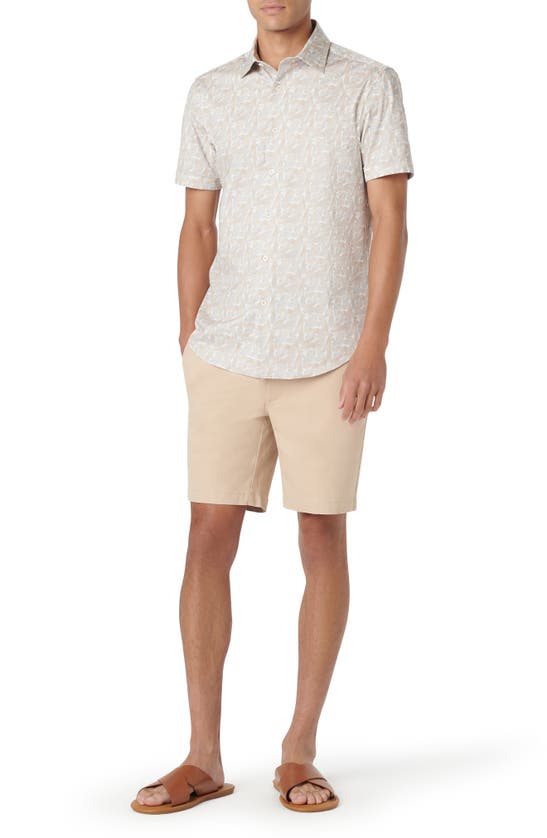Shop Bugatchi Miles Ooohcotton® Leaf Print Short Sleeve Button-up Shirt In Sand
