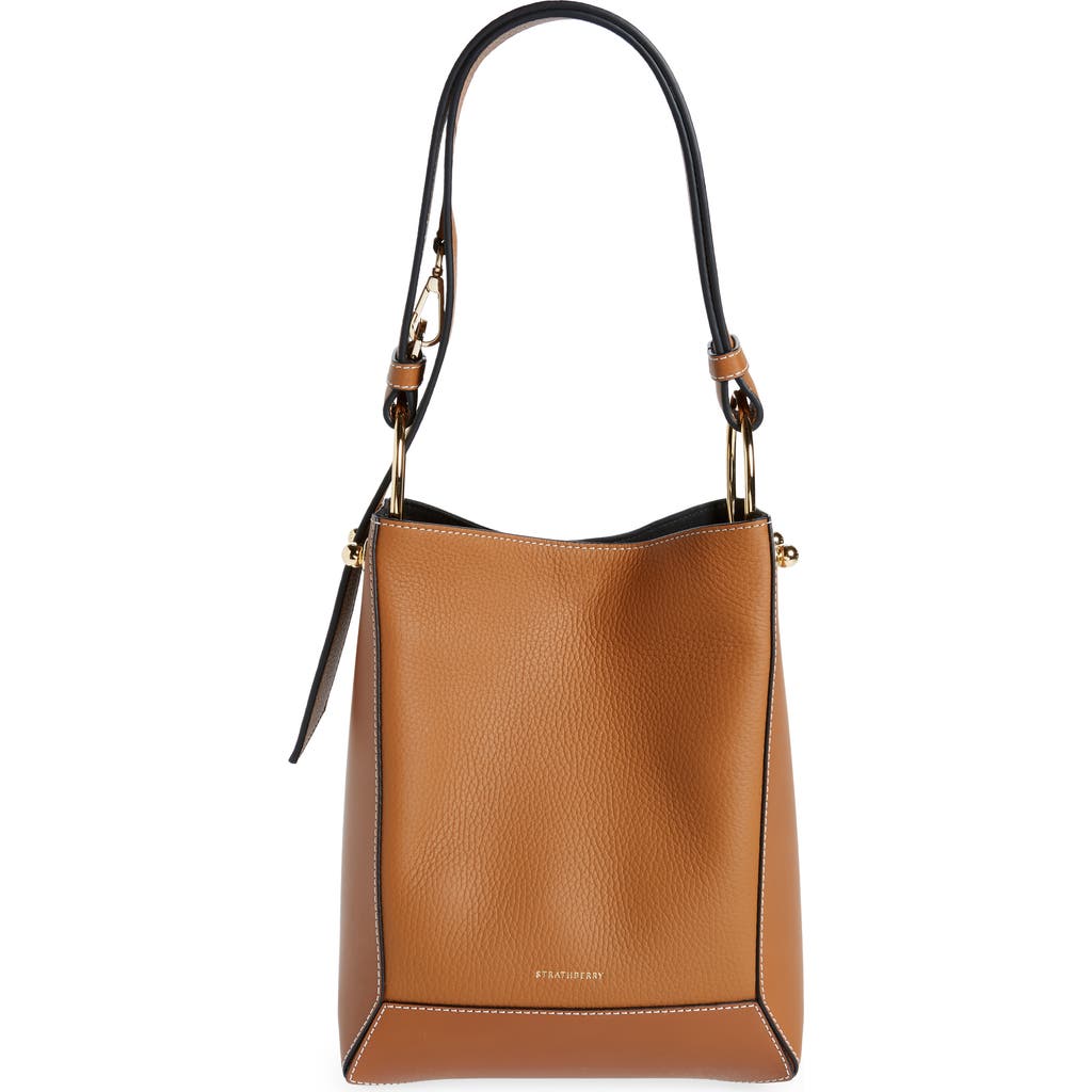 Shop Strathberry Midi Lana Leather Bucket Bag In Tan/vanilla
