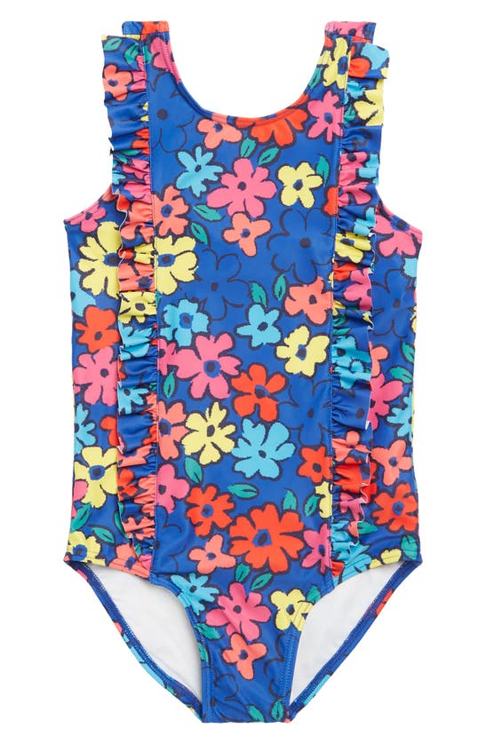 Harper Canyon Kids' Ruffle One-piece Swimsuit In Blue Surf Bold Flowers