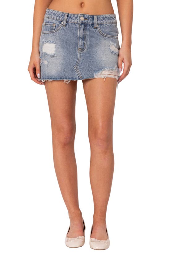 Shop Edikted Ginnie Low Rise Distressed Denim Miniskirt In Light-blue