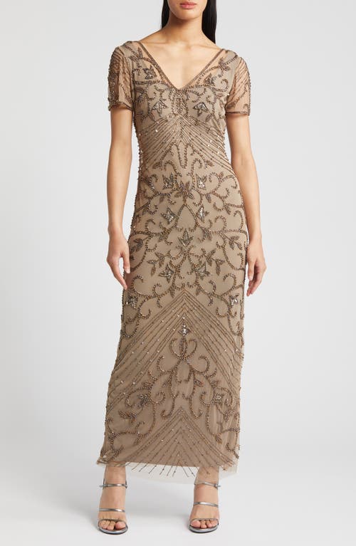 Beaded Mesh Column Gown in Oyster