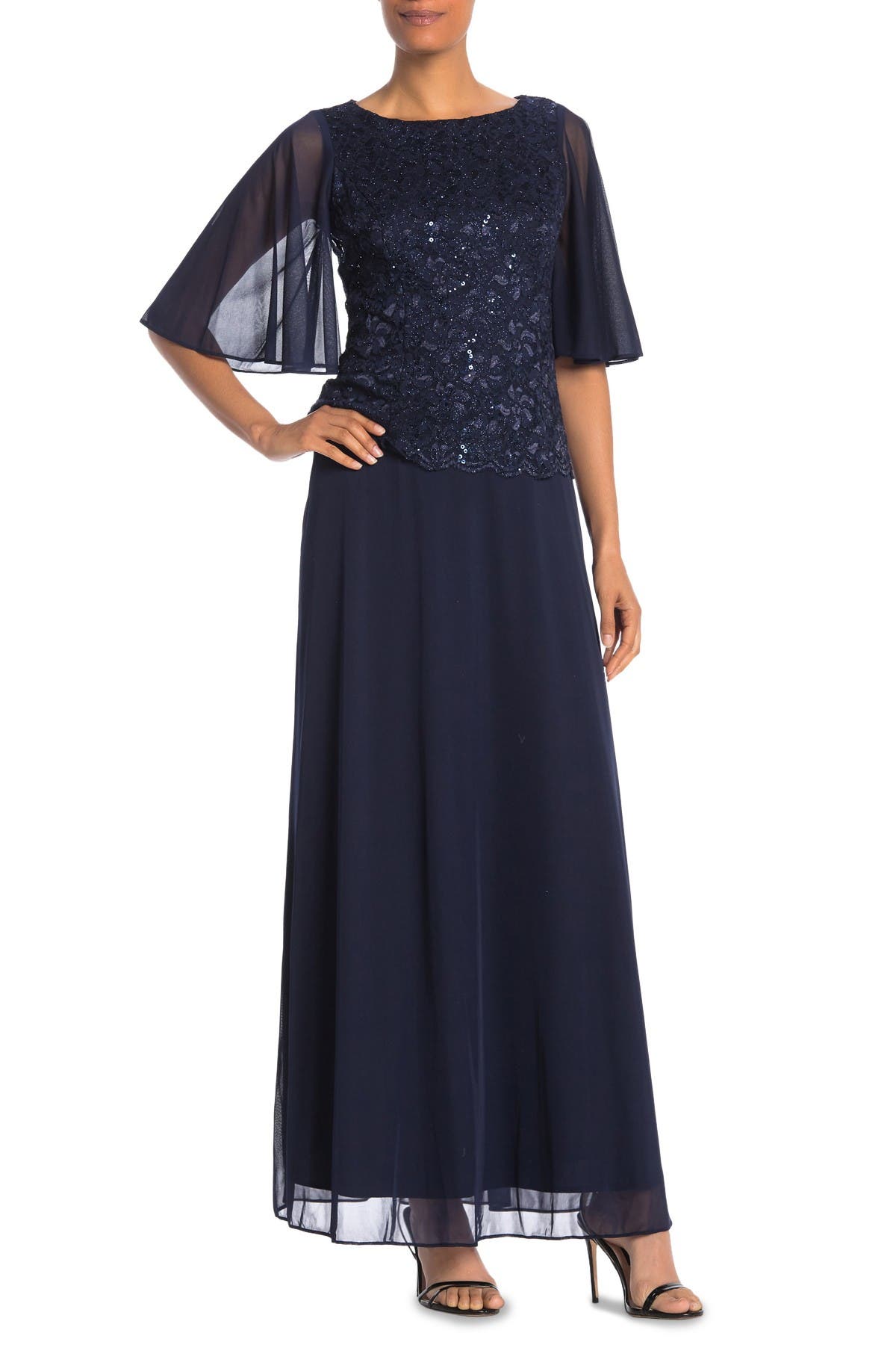 onyx nites short sleeve lace evening gown