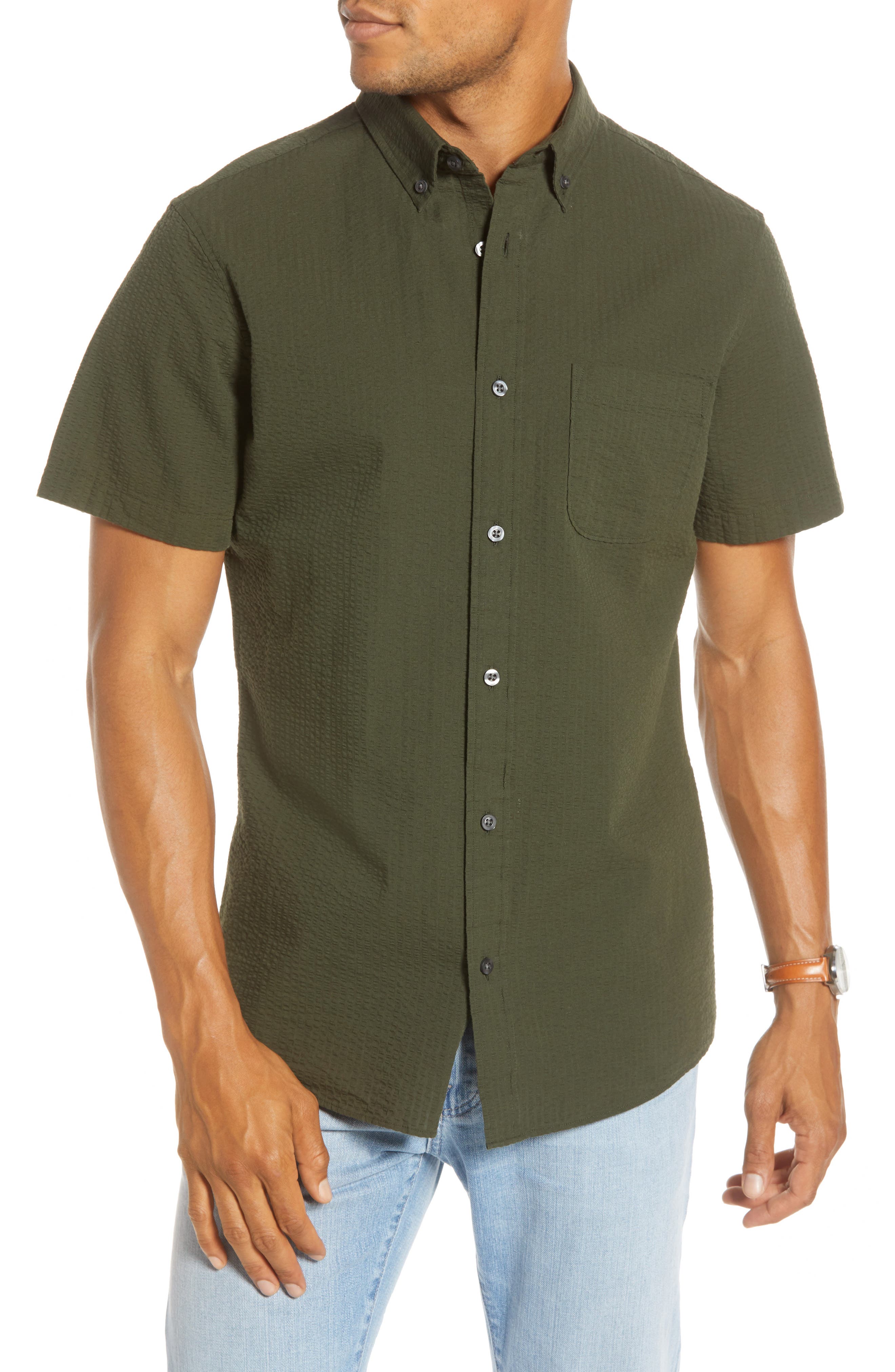 1901 Trim Fit Seersucker Sport Shirt, Green