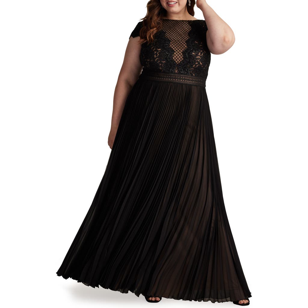 Tadashi Shoji Sequin & Lace Bodice Pleated A-line Gown In Black/nude