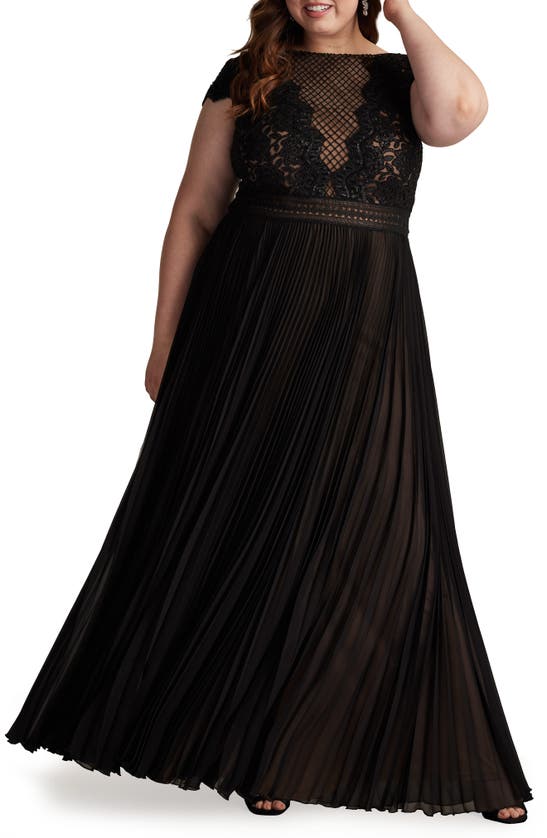 Shop Tadashi Shoji Sequin & Lace Bodice Pleated A-line Gown In Black/ Nude