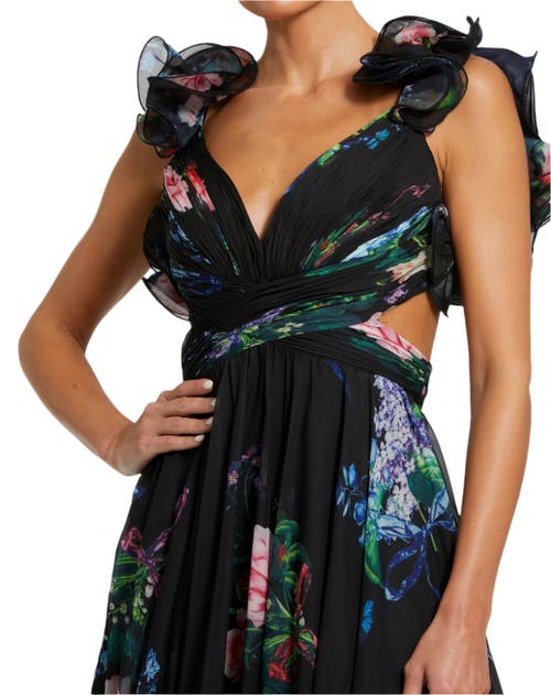 Mac Duggal Ruffle Tiered Floral Cut-out Chiffon Gown In Black Multi