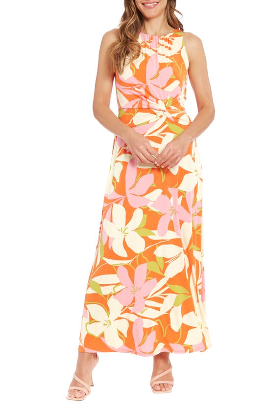 London Times Floral Side Twist Maxi Dress In Orange/ Pink
