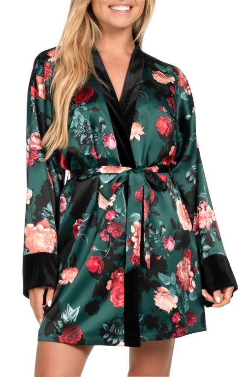 In Bloom By Jonquil Floral Velvet Trim Satin Wrap In Forest Green