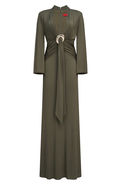 HALSTON HALSTON AHANO PLUNGE NECK LONG SLEEVE JERSEY GOWN