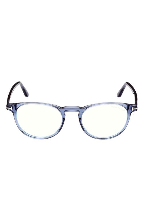 TOM FORD 51mm Round Blue Light Blocking Optical Glasses in Shiny Blue at Nordstrom