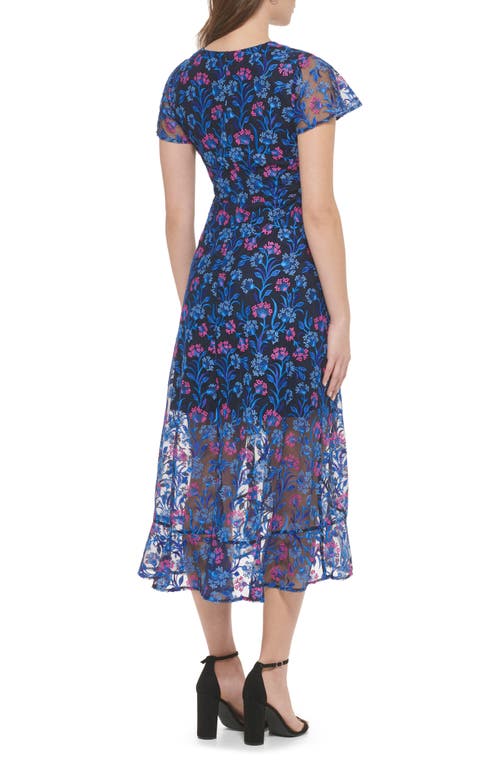 Shop Kensie Floral Embroidered Flutter Sleeve Midi Dress In Navy/fucshia