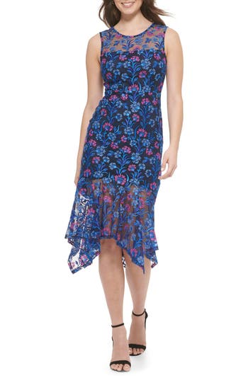 Shop Kensie Floral Embroidered Sleeveless Midi Dress In Navy/fuschia